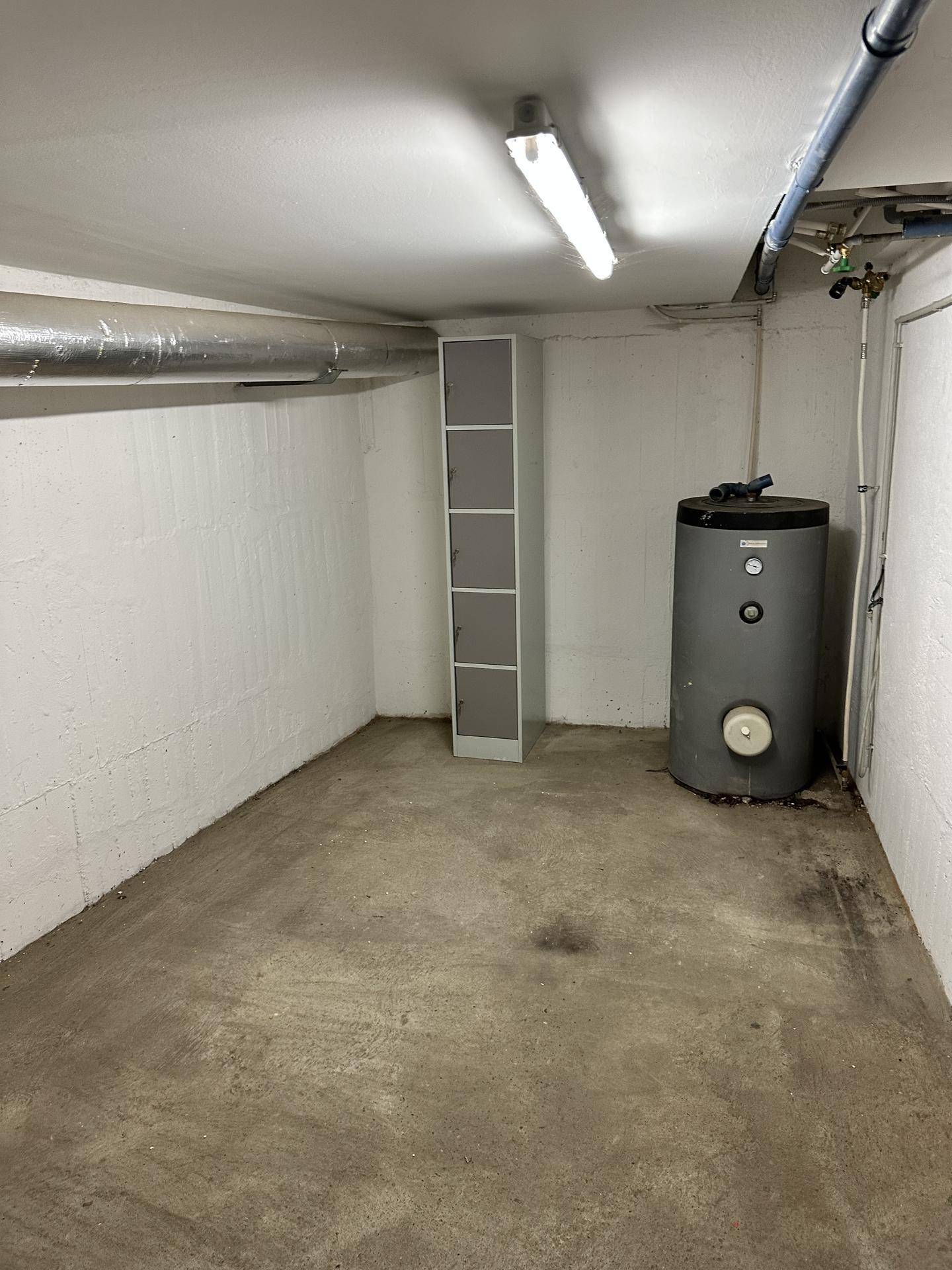 Geräumiger Kellerraum mit Betonboden, einem Warmwasserspeicher und einem Spind an der Wand.