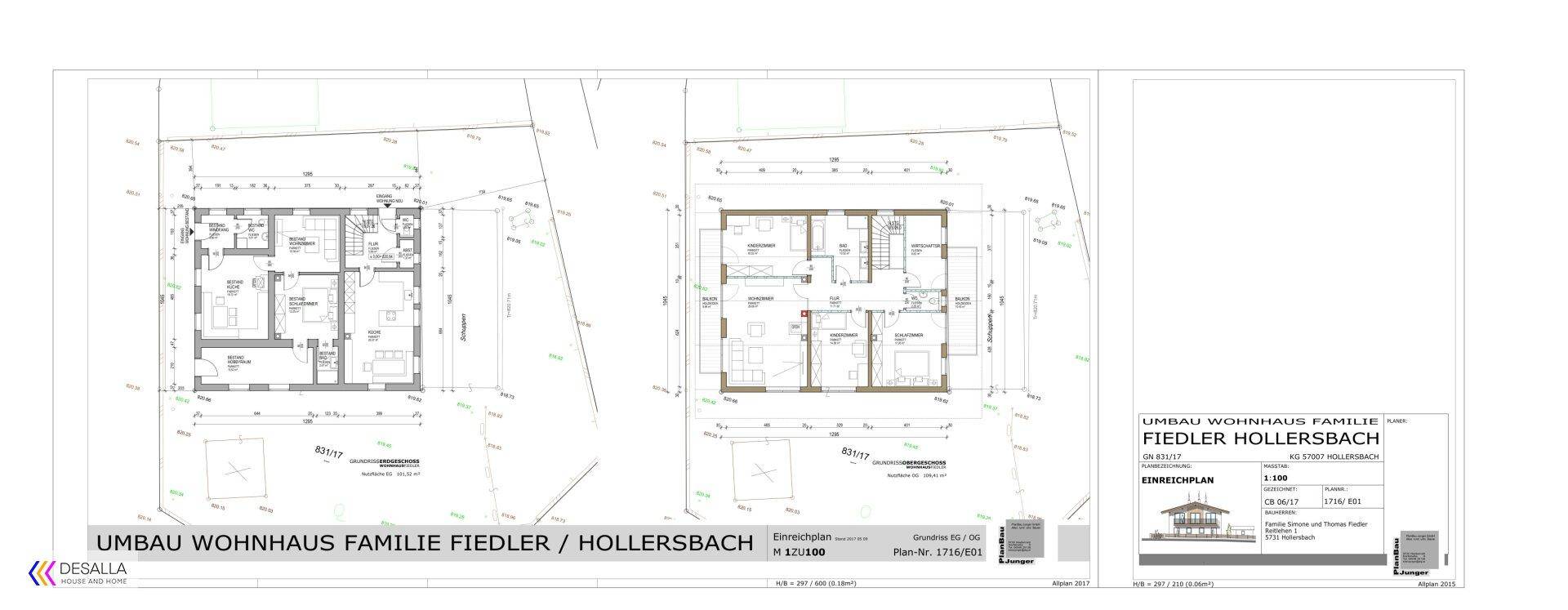 Grundrisspläne eines Wohnhauses mit verschiedenen Ebenen und Raumaufteilung.