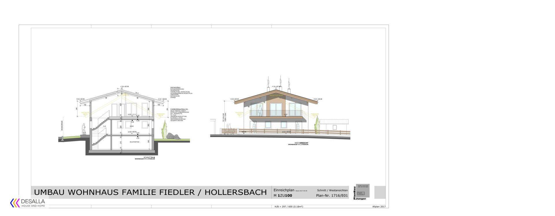 Architektonische Ansichten und Schnittdarstellung eines modernen Wohnhauses.
