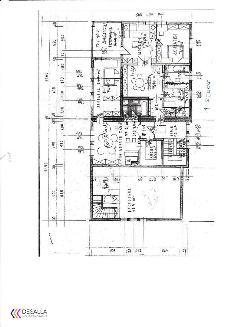 Grundriss des ersten Obergeschosses mit Wohnbereich, Küche, Schlafzimmern und Balkon.
