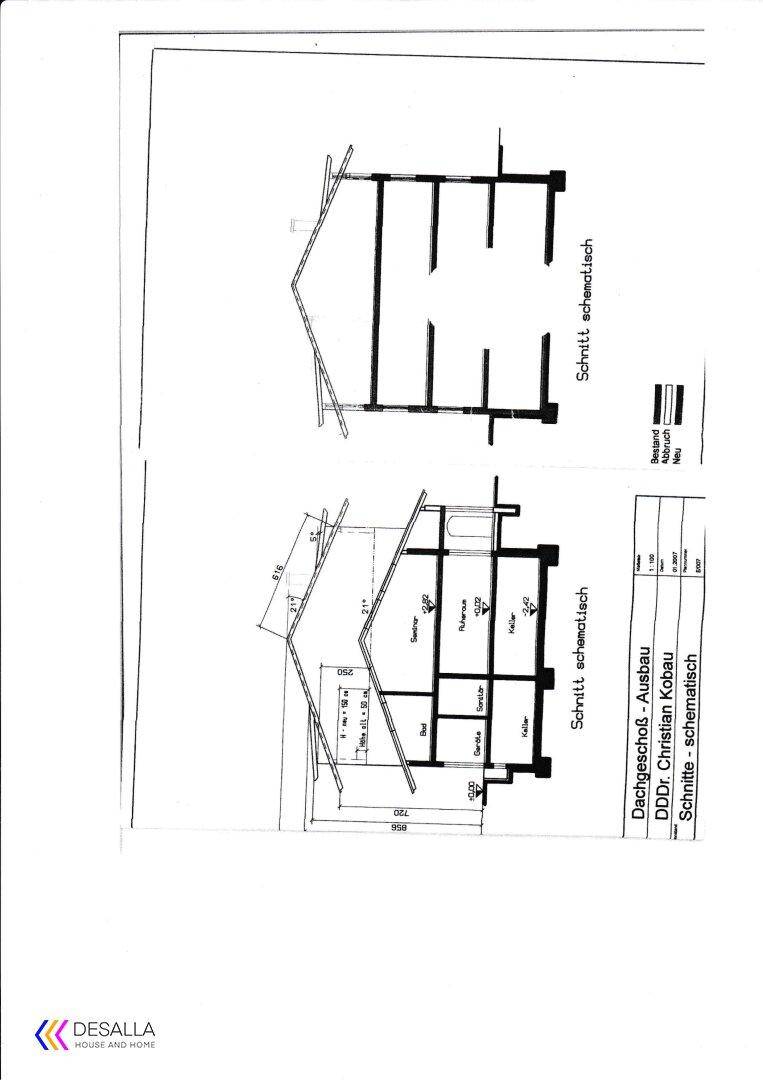 Schematische Schnittzeichnungen des Gebäudes, die den Dachgeschossausbau und die Struktur zeigen.