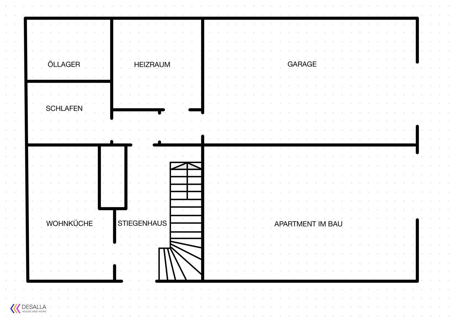 Grundriss des Erdgeschosses mit Wohnküche, Schlafzimmer, Heizraum und Garage.