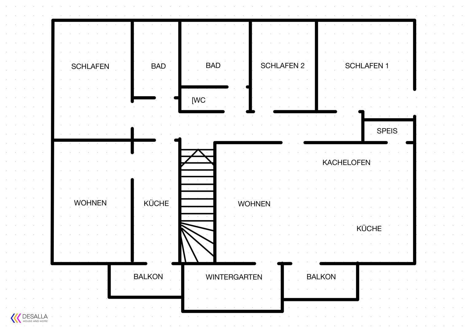 Grundriss des Obergeschosses mit Schlafzimmern, Bädern, Balkonen und Wintergarten.