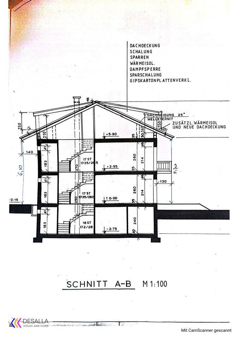 Architektonischer Schnittplan eines Gebäudes mit mehreren Etagen und Dachkonstruktion.