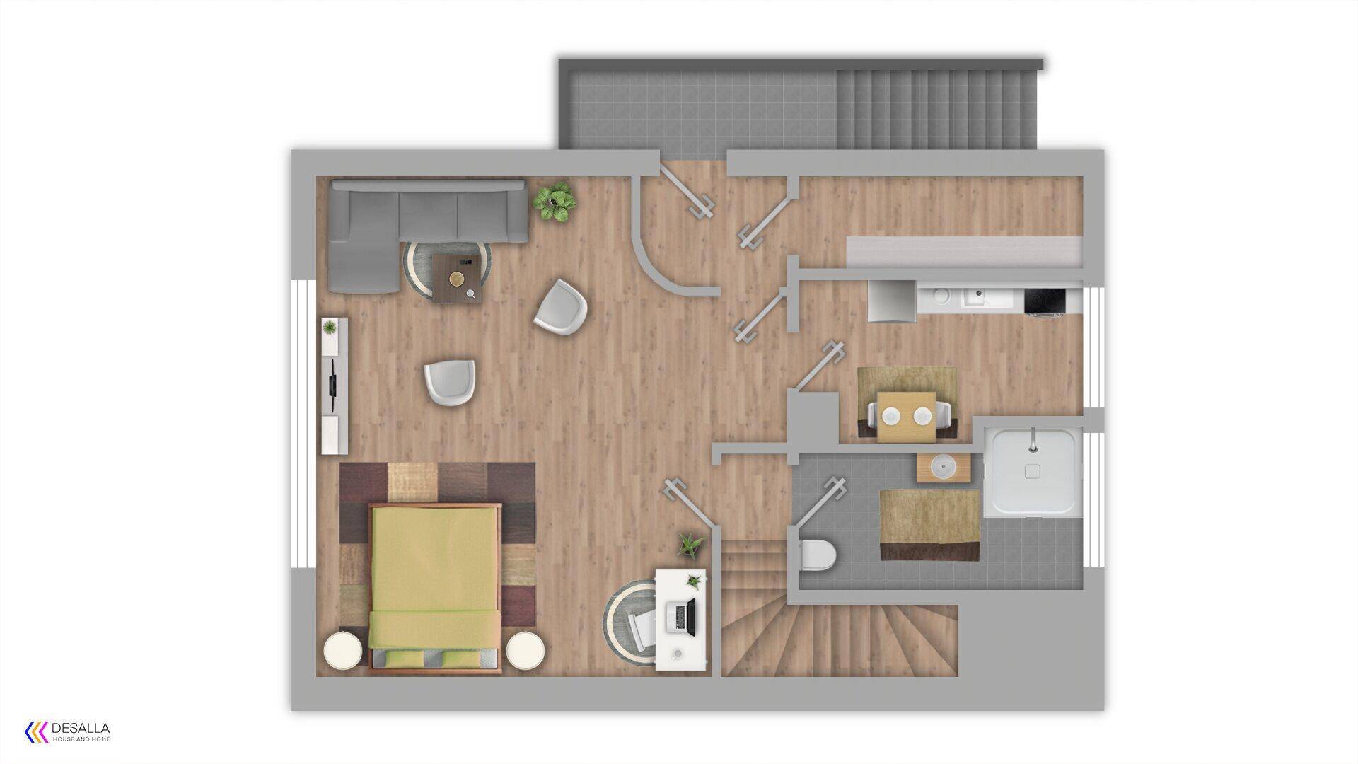 Grundriss einer Wohneinheit mit offenem Wohnbereich, Schlafzimmer und Badezimmer.