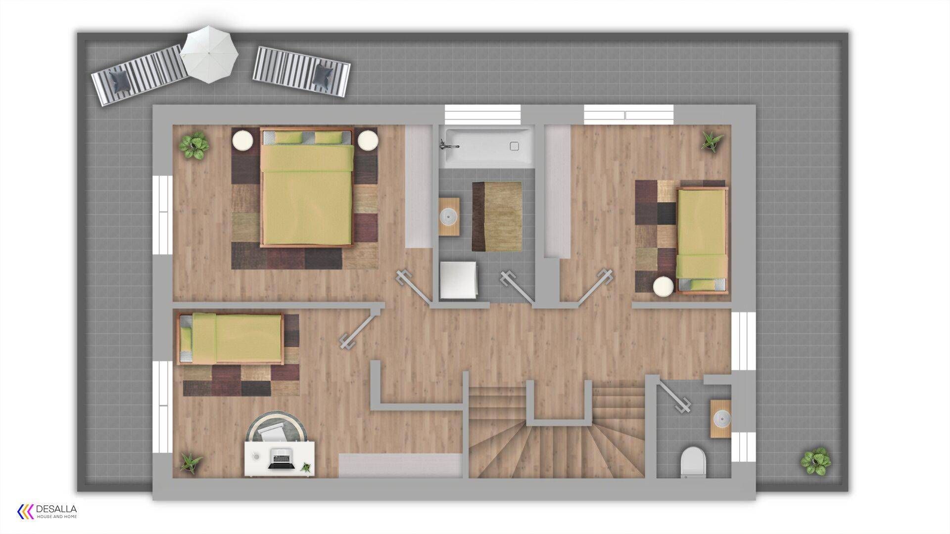 Grundriss des Obergeschosses mit drei Schlafzimmern, Badezimmer und großem Balkon.
