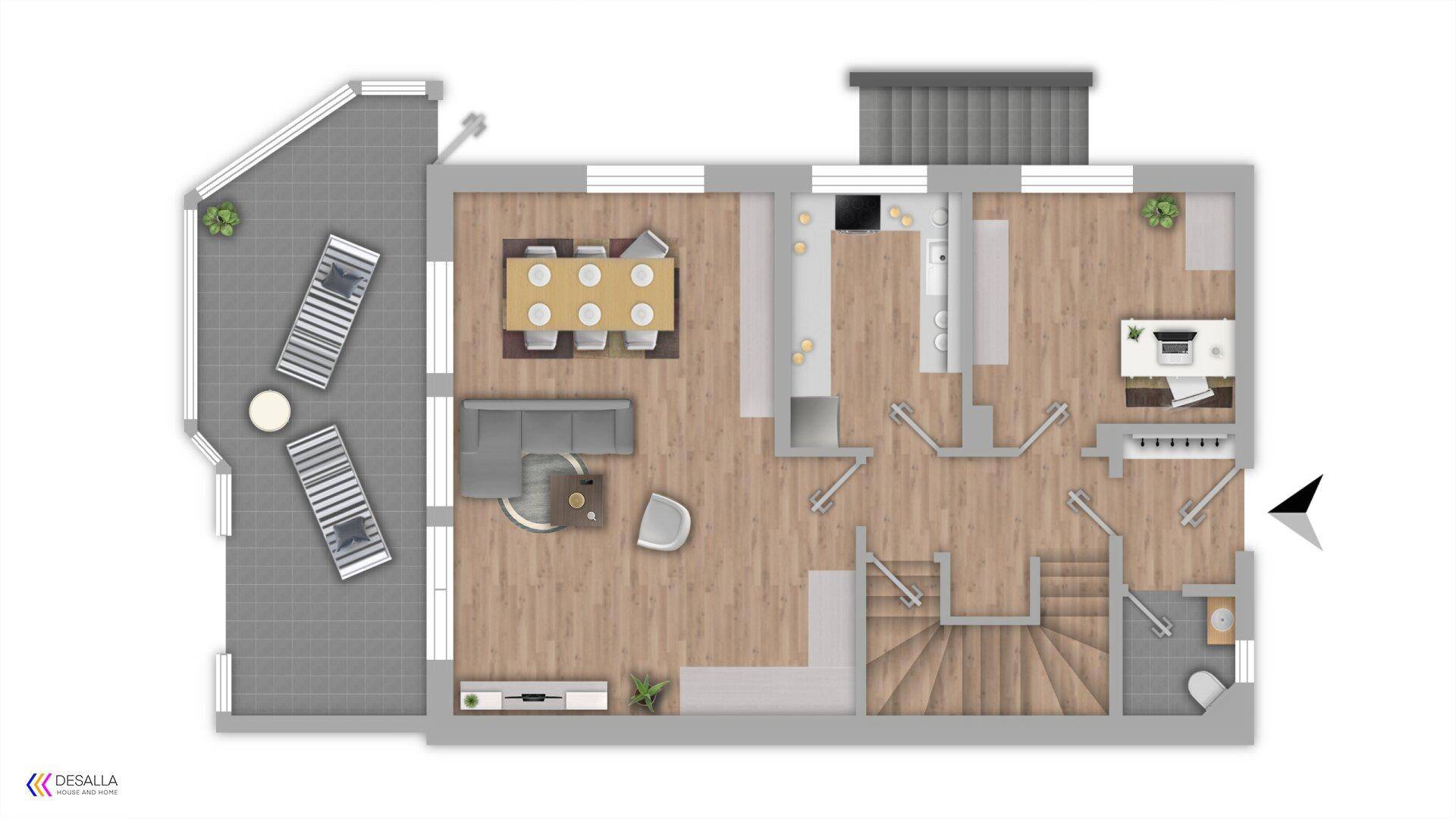 Grundriss des Erdgeschosses mit offenem Wohn-Essbereich, Küche, Büro und großer Terrasse.