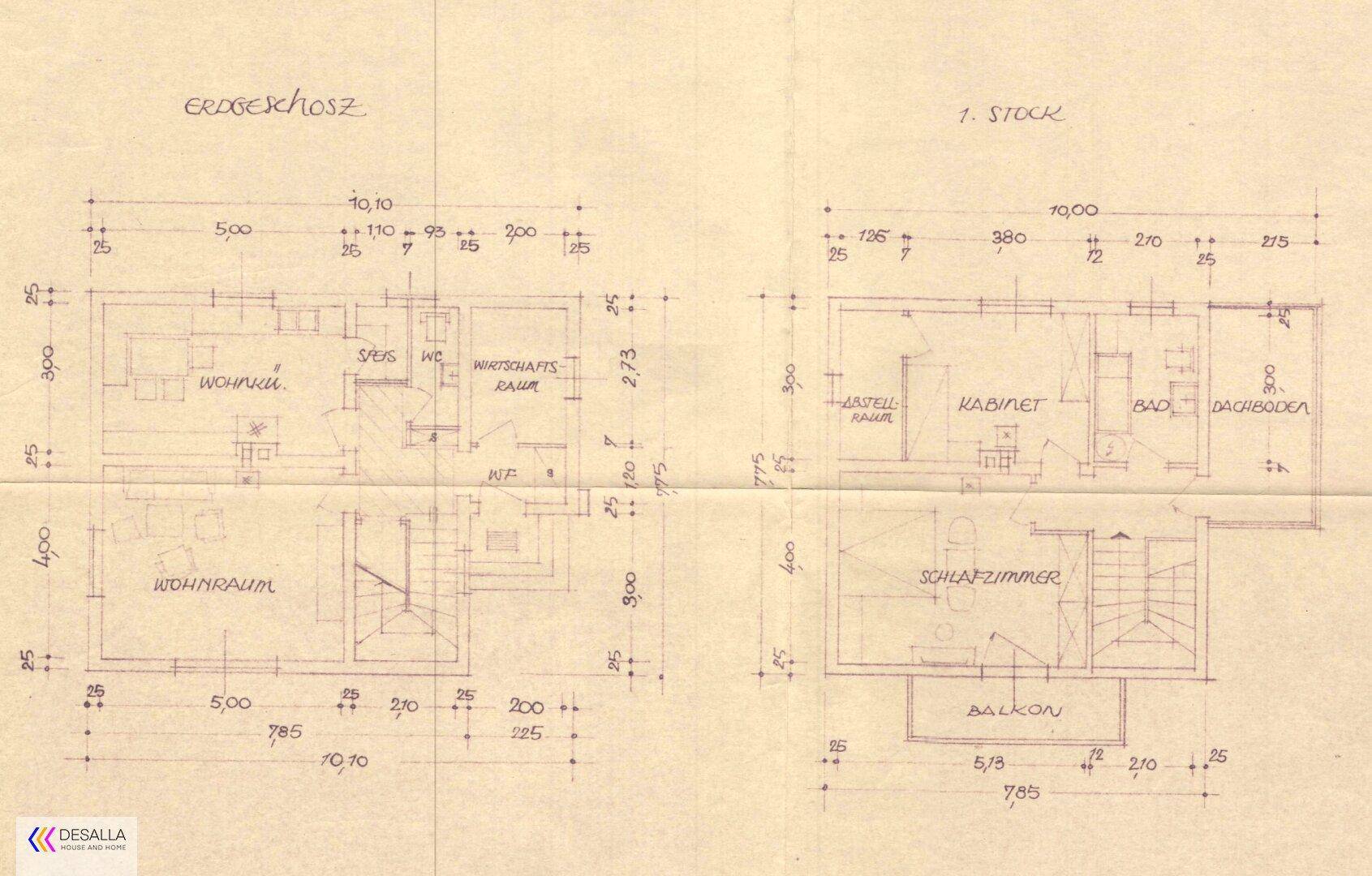 Detaillierter Grundrissplan zeigt Erdgeschoss und ersten Stock mit Wohnküche, Schlafzimmer und Balkon.