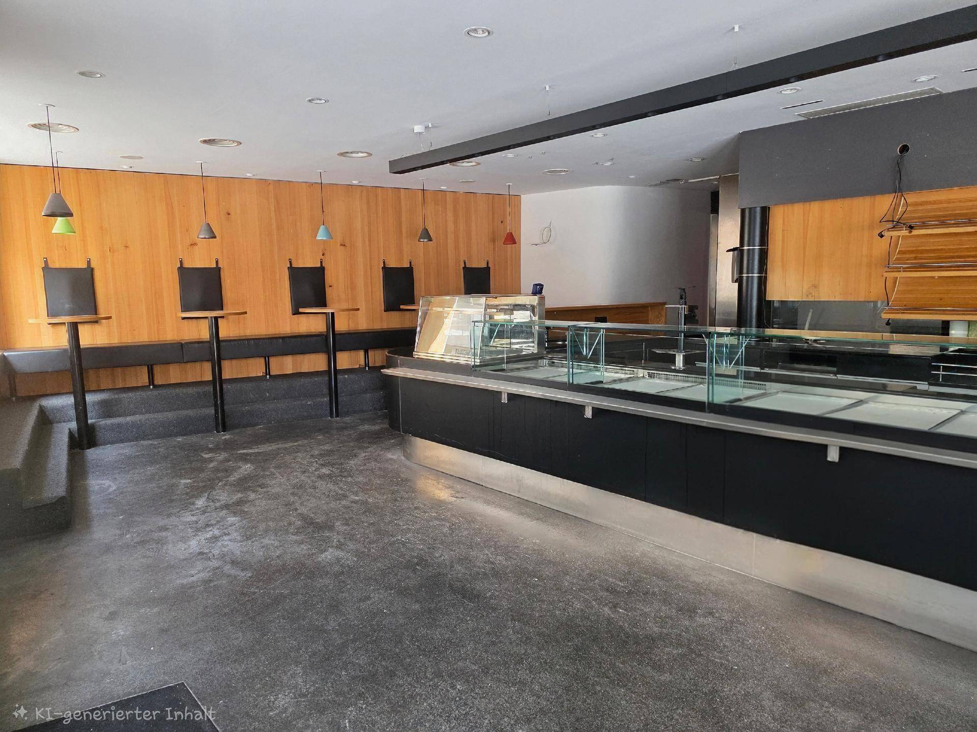 Geräumiger Gewerberaum mit Theke, Holzwandverkleidung und Sitzgelegenheiten, ideal für ein Café oder eine Bäckerei.