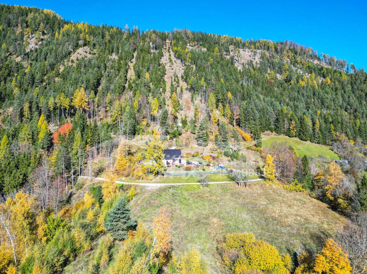 Luftaufnahme eines Hauses am Hang, umgeben von herbstlichen Wäldern und Bergen.