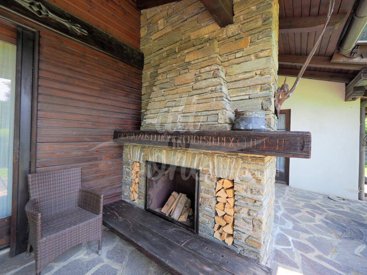 Detailansicht des großen Steinkamins auf der überdachten Terrasse mit Holzscheiten.
