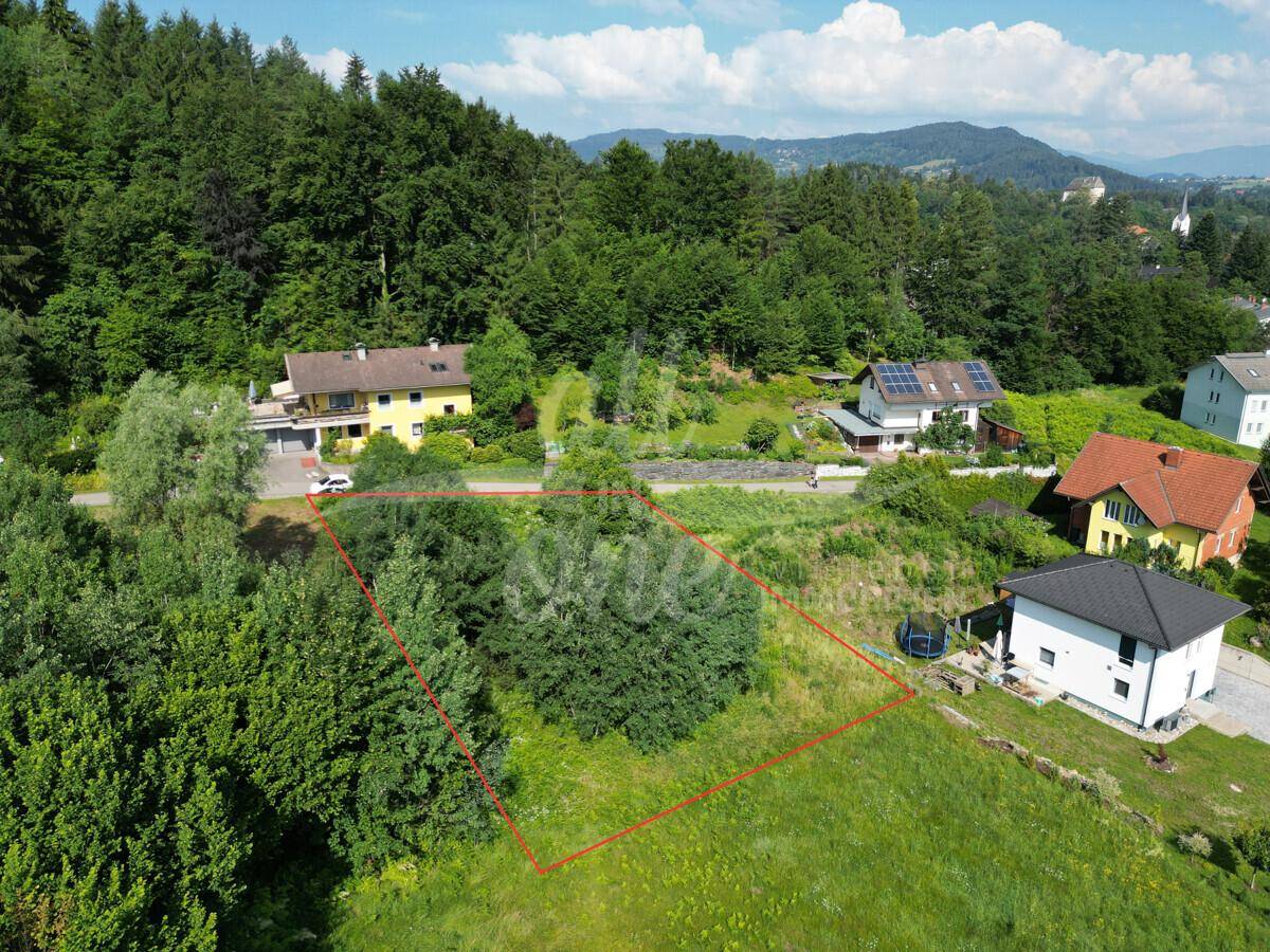 Übersicht des Baugrundstücks mit roter Markierung, umgeben von Natur und Wohnhäusern.