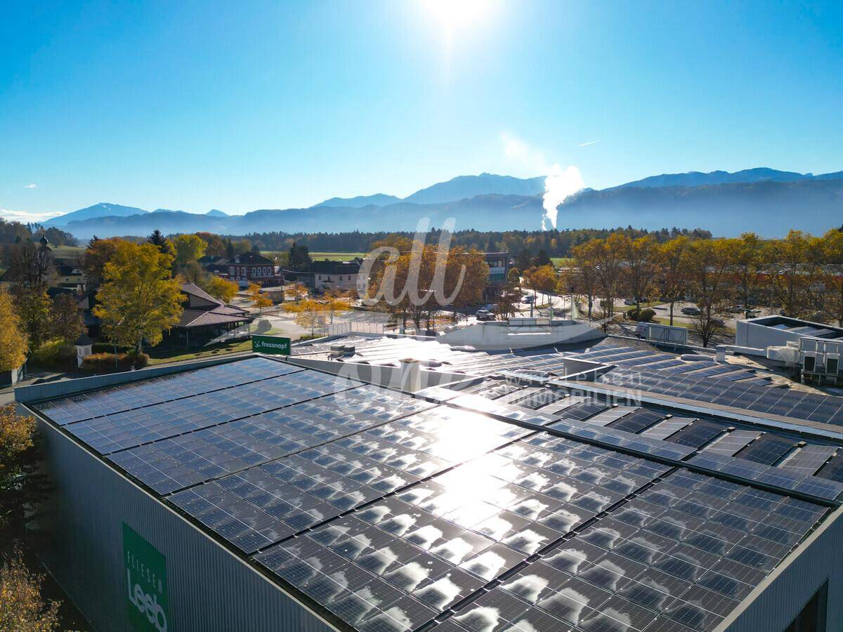 Dachfläche eines Gewerbegebäudes, vollständig mit Photovoltaikanlagen bedeckt, unter strahlend blauem Himmel.