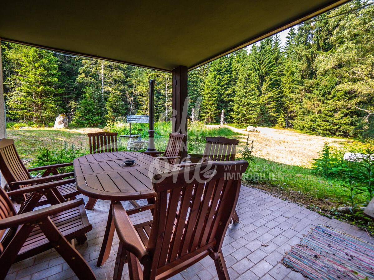 Überdachte Terrasse mit Holztisch und Stühlen, umgeben von einem dichten Nadelwald.
