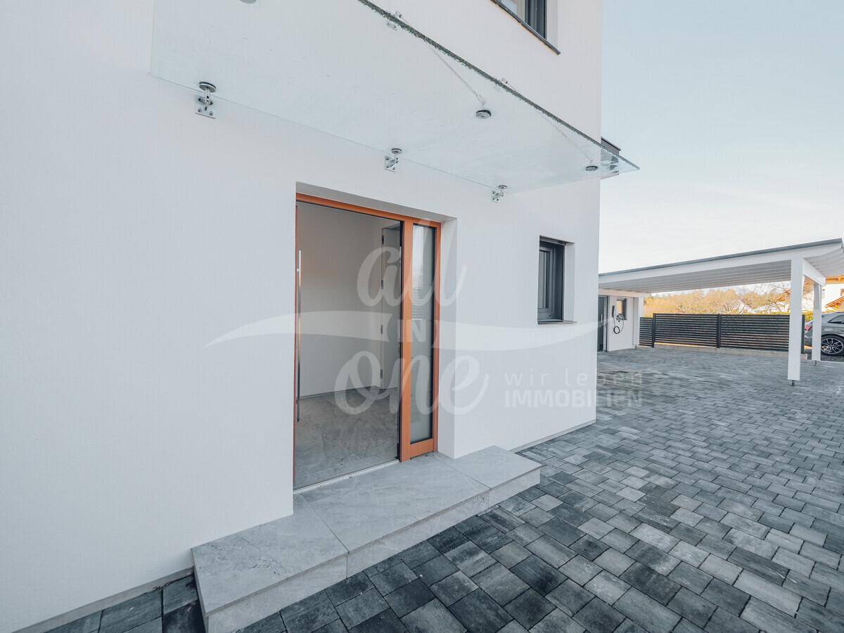Moderner Hauseingang mit gepflastertem Vorplatz und Carport im Hintergrund.