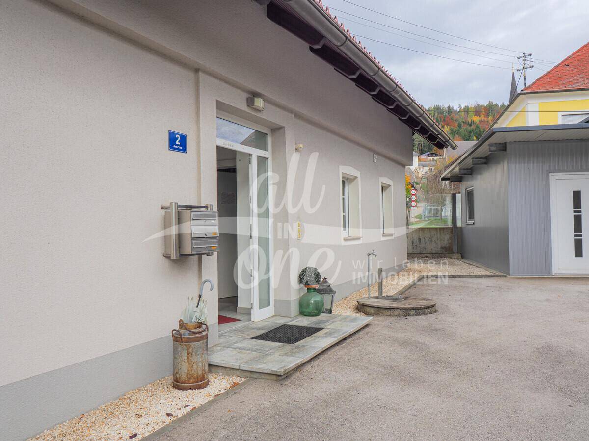 Eingangsbereich des Hauses mit gepflastertem Zugang und einem Briefkasten an der Wand.