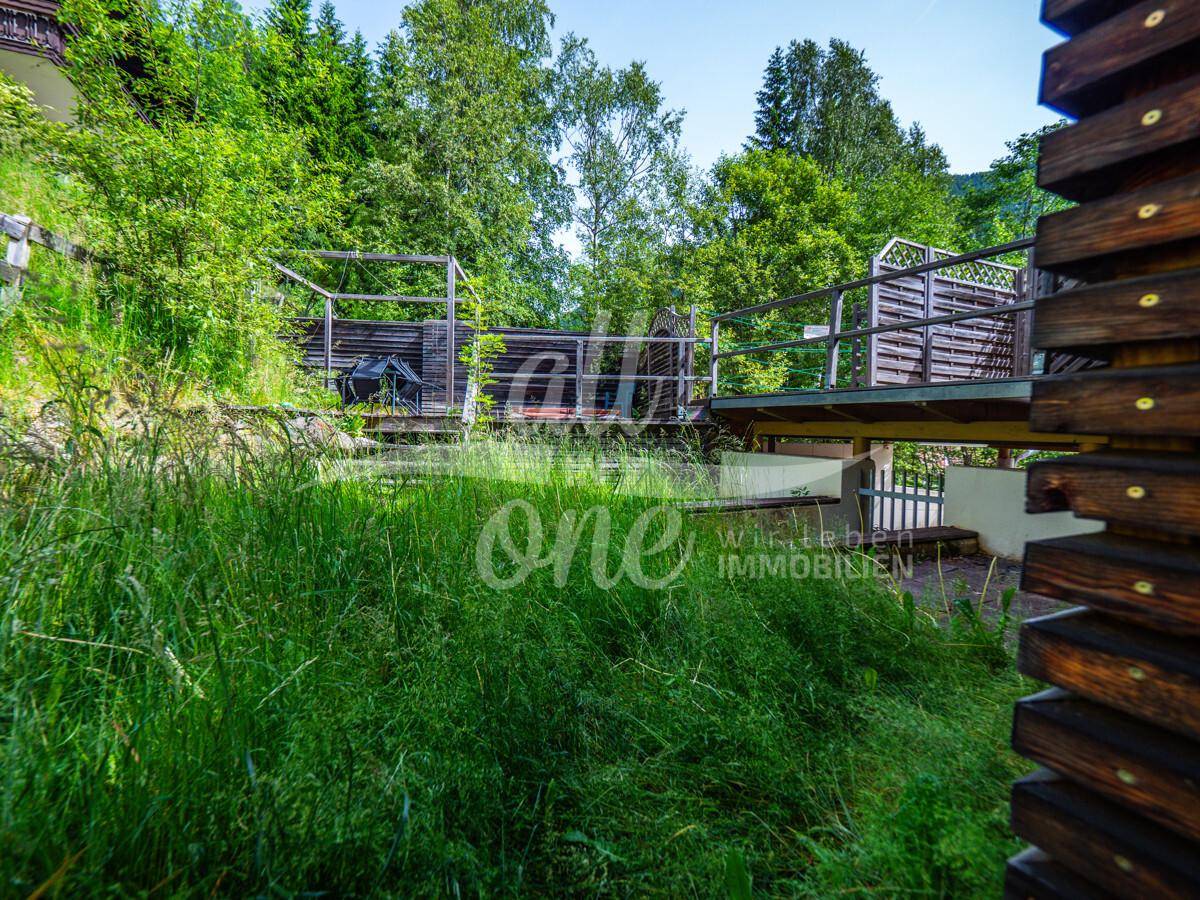 Naturbelassener Gartenbereich mit hohem Gras und einer erhöhten Holzkonstruktion im Hintergrund.