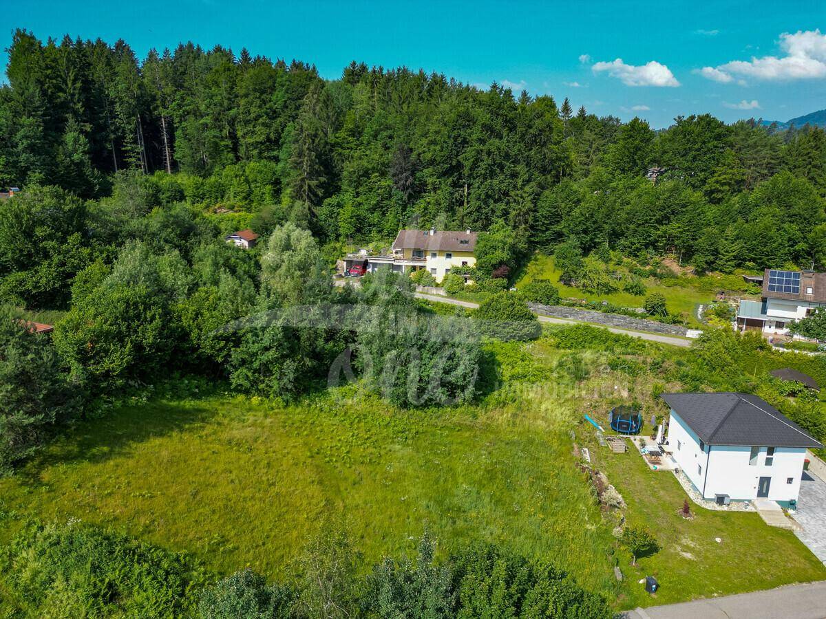 Weitläufige Luftaufnahme des Grundstücks mit angrenzenden Wäldern und Wohnbebauung.