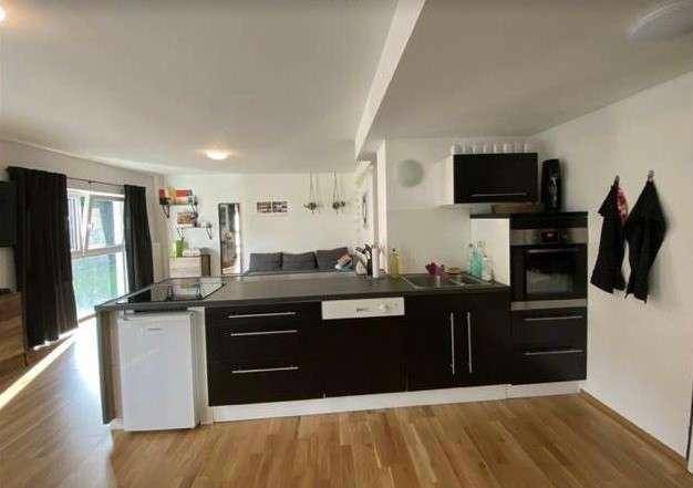 Moderne Einbauküche mit dunklen Fronten, integrierten Geräten und Holzboden.