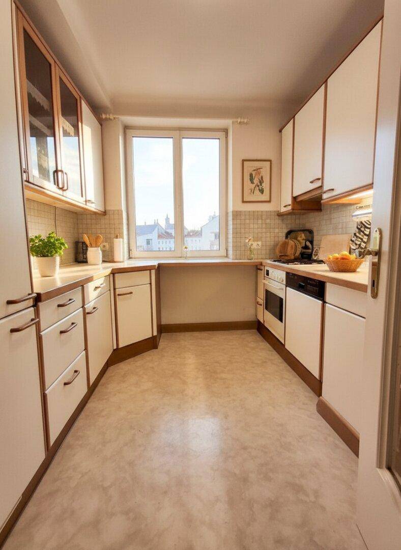 Funktionale Küche mit weißen Schränken, Fenster und Blick nach draußen.