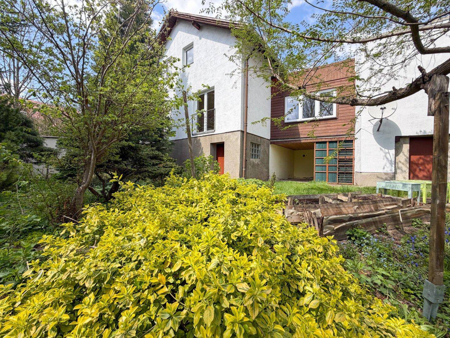Gartenansicht mit üppigen Sträuchern und Blick auf die Rückseite des Hauses mit Holzelementen.
