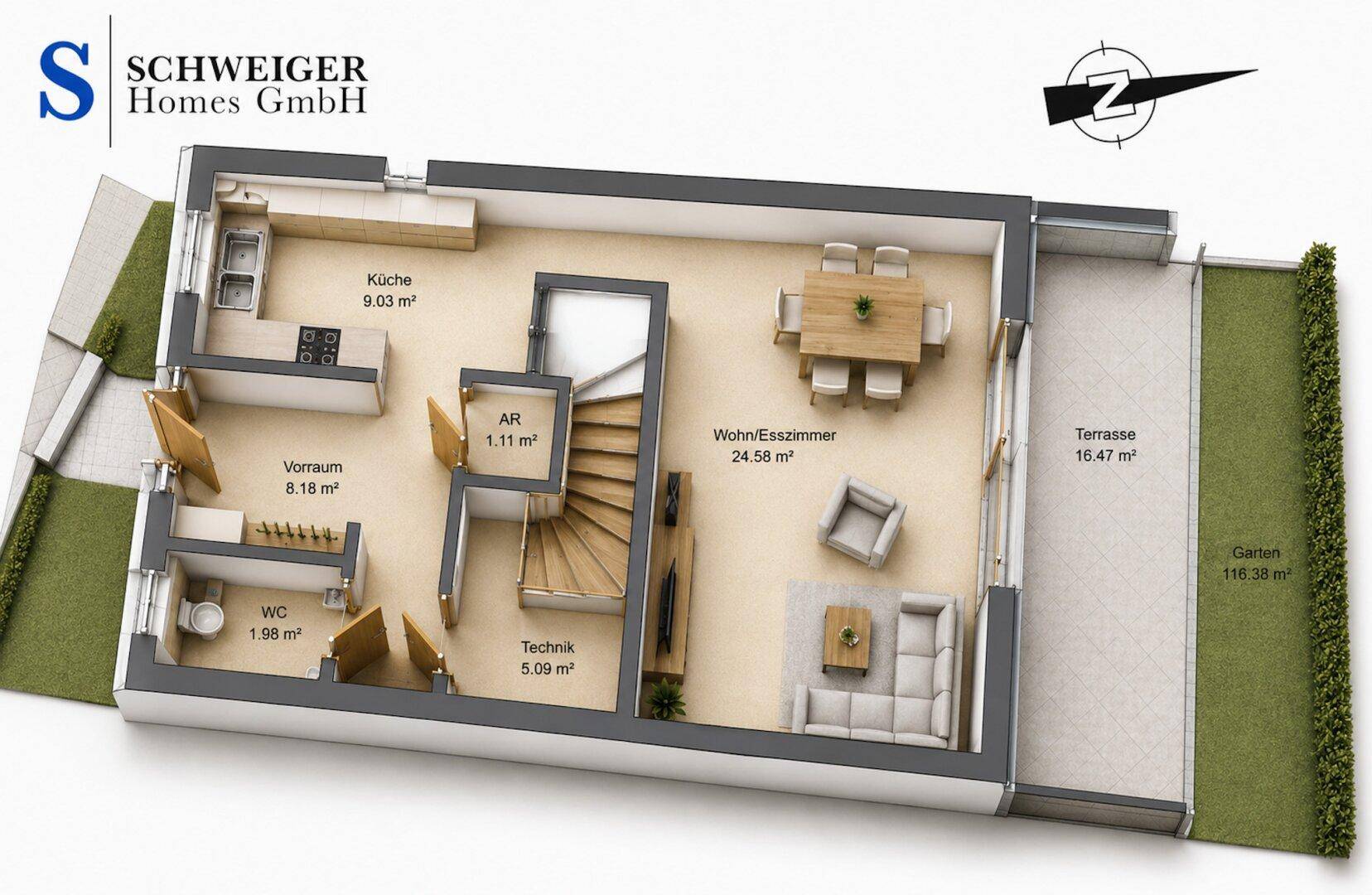 3D-Grundriss des Erdgeschosses mit offener Küche, Wohn-Esszimmer, Terrasse und Gartenbereich.