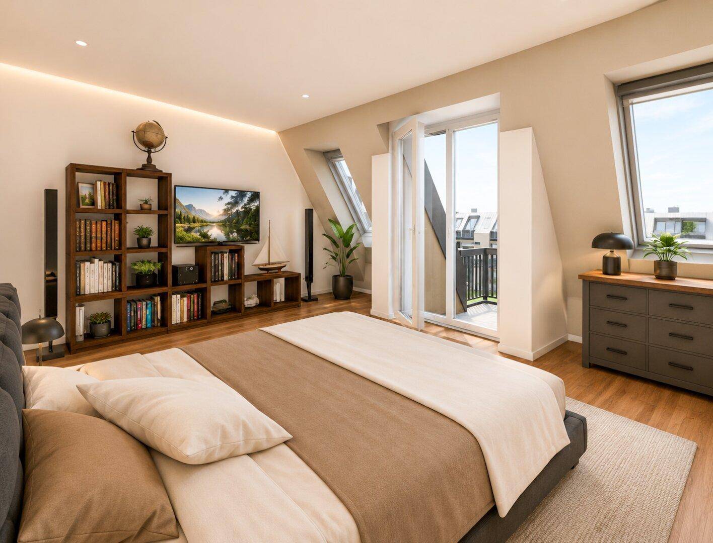 Helles Schlafzimmer mit Holzboden, Dachschrägen, Bücherregal und Zugang zum Balkon.