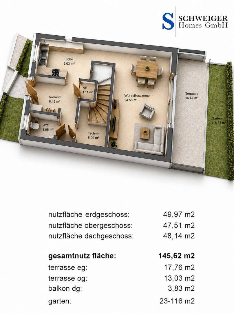 3D-Grundriss des Erdgeschosses mit offener Küche, Wohn-Essbereich, Terrasse und Garten.