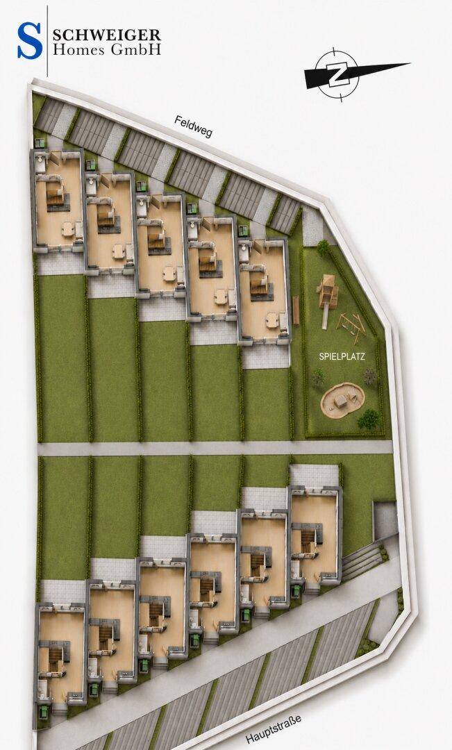 Gesamtübersicht der Wohnanlage als 3D-Grundriss mit allen Häusern, Gärten und dem Spielplatz.
