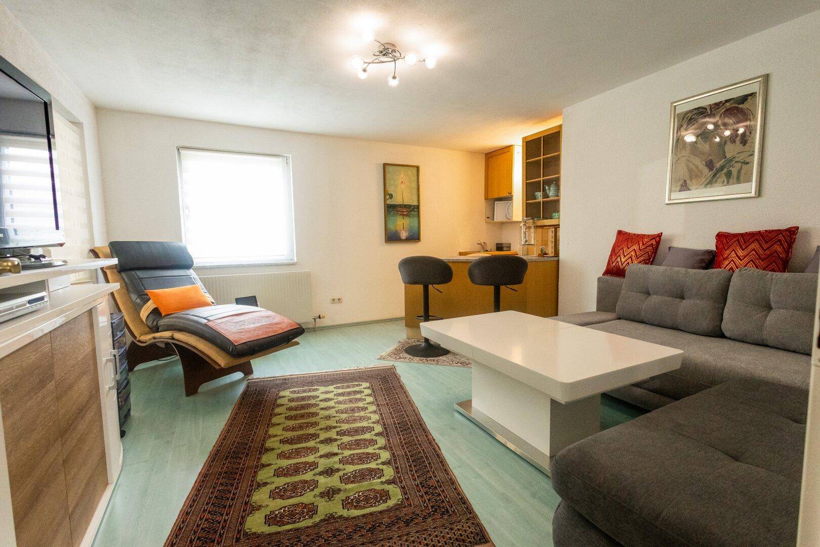 Heller Wohnbereich mit Sofa, Liege und integrierter Küchenzeile mit Bar.