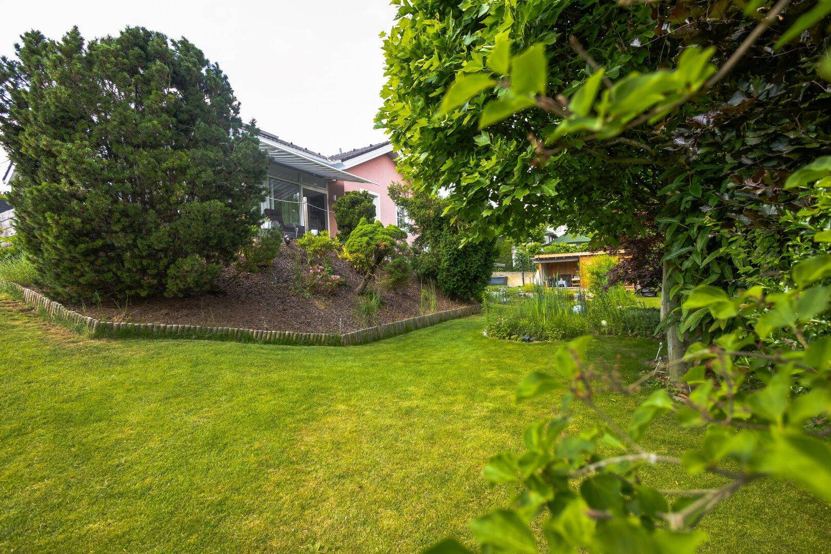 Großer, gepflegter Garten mit Rasenfläche und verschiedenen Bäumen und Sträuchern.