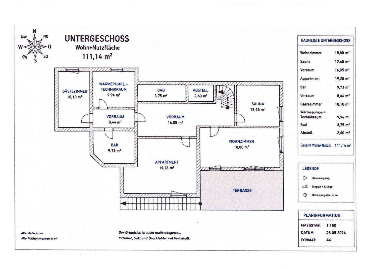 Grundriss des Untergeschosses mit Wohn- und Nutzflächenaufteilung.