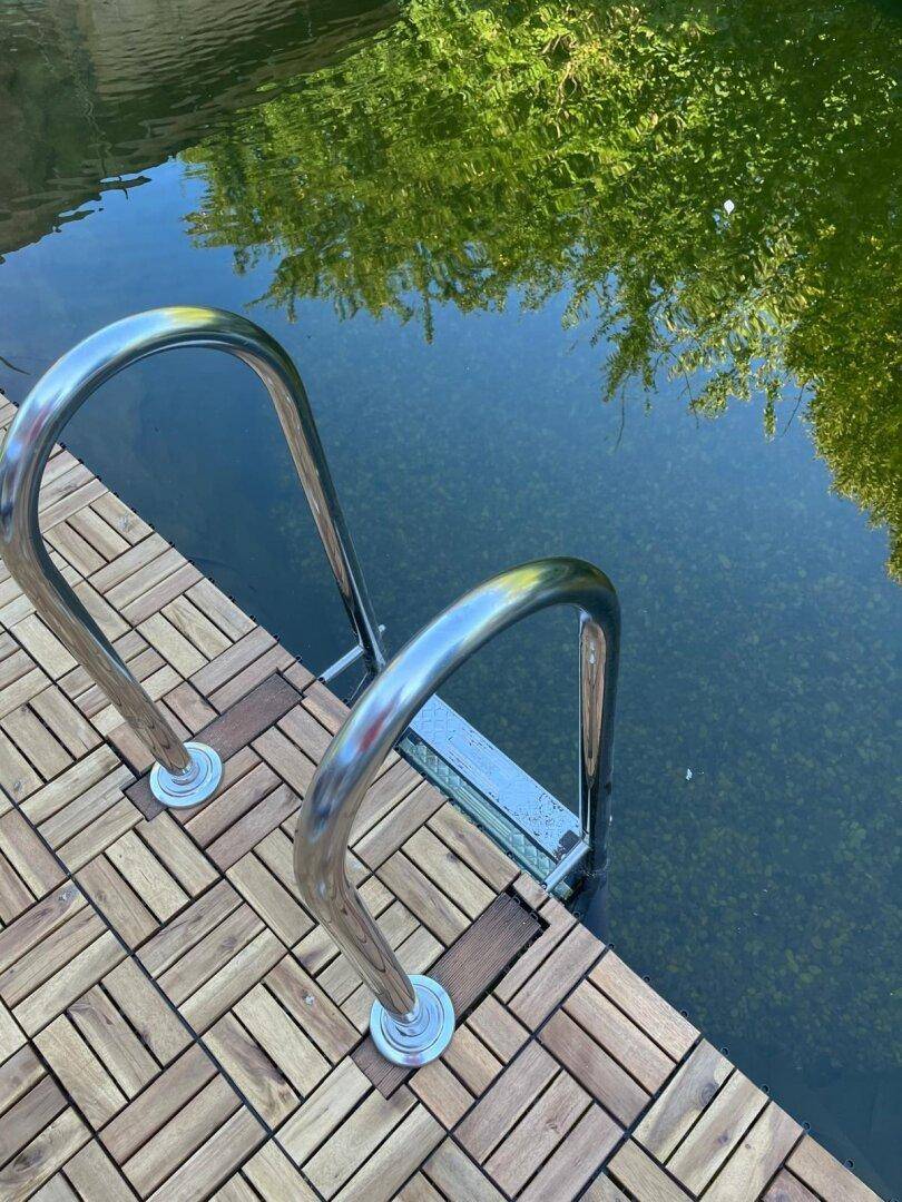Nahaufnahme der Einstiegsleiter und des Holzdecks am naturnahen Teich.