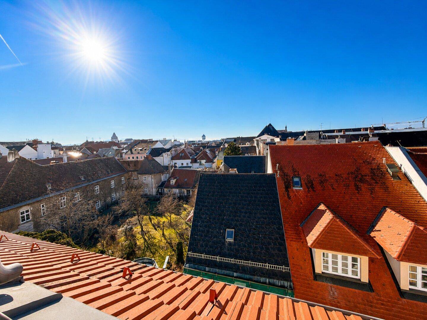 Sonniger Ausblick über die Dächer der Stadt mit historischen Gebäuden und Grünflächen.