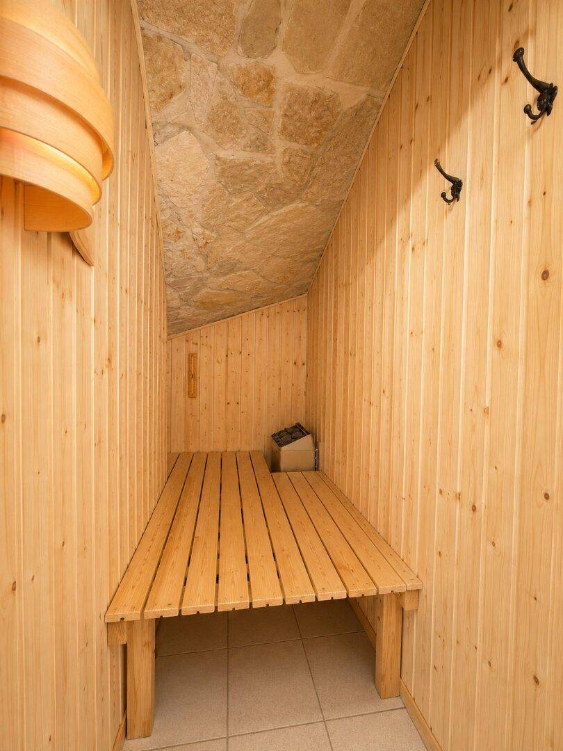 Innenansicht einer Holzsauna mit Liegefläche und Heizofen, unter einer schrägen Decke.