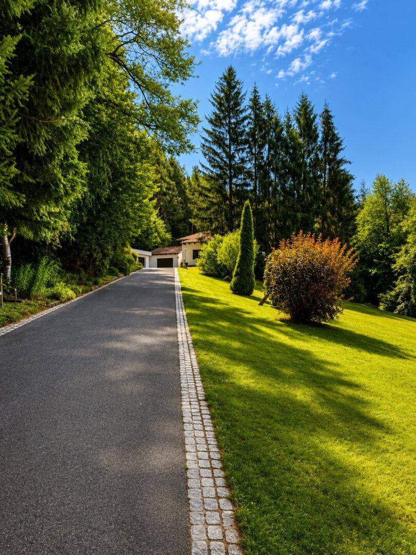 Lange Zufahrt zum Haus, gesäumt von gepflegtem Rasen und hohen, alten Bäumen.