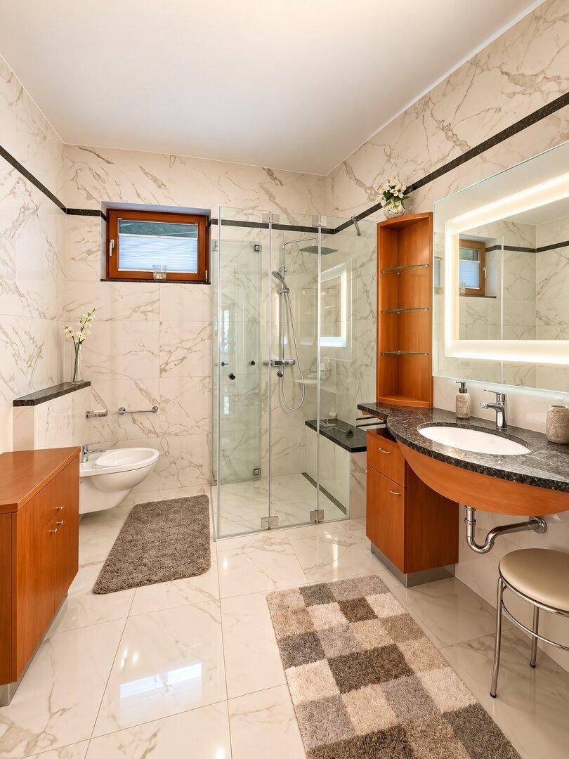 Modernes Badezimmer mit Marmorfliesen, begehbarer Dusche, Bidet und elegantem Waschtisch.
