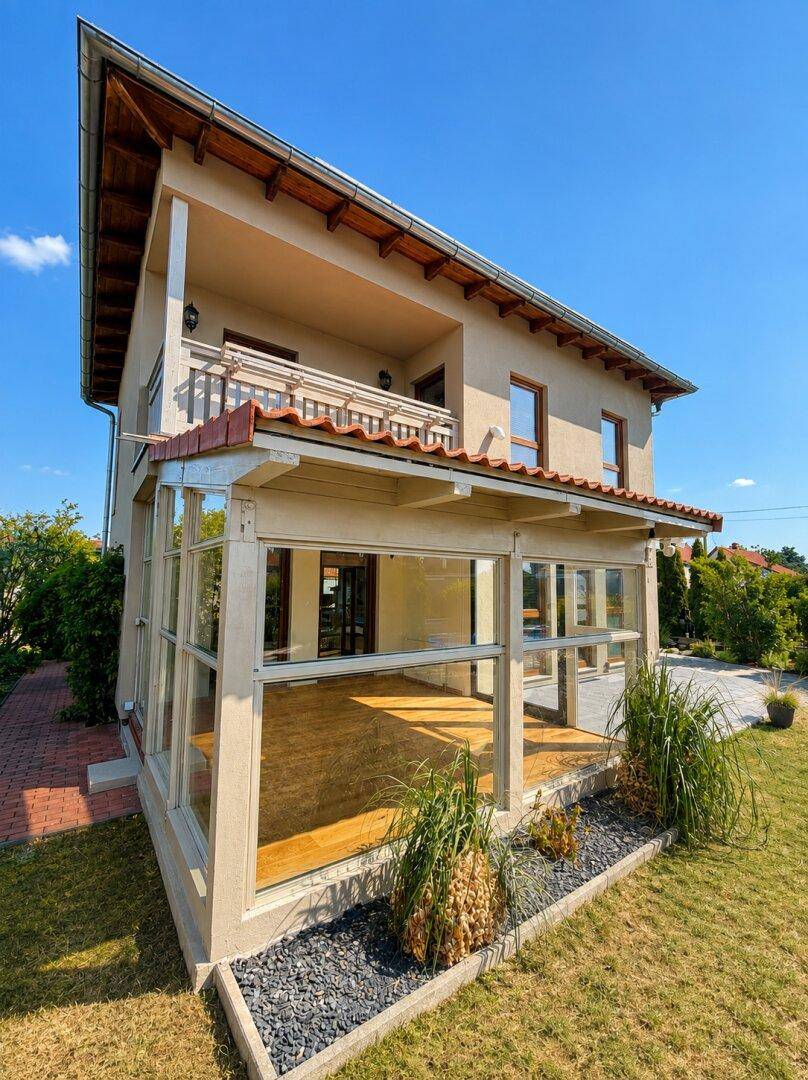 Seitenansicht des Hauses mit verglastem Wintergarten und Balkon im Obergeschoss.