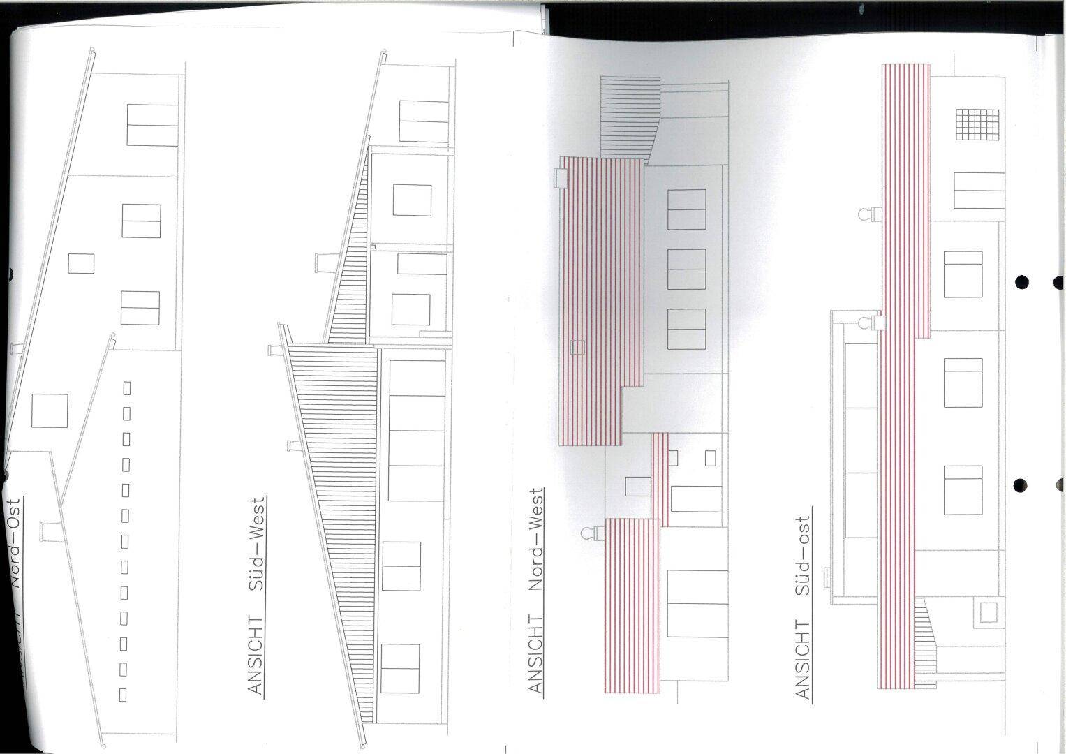 Ansichten des Gebäudes von verschiedenen Seiten mit moderner Architektur, großen Fenstern und Dachformen.