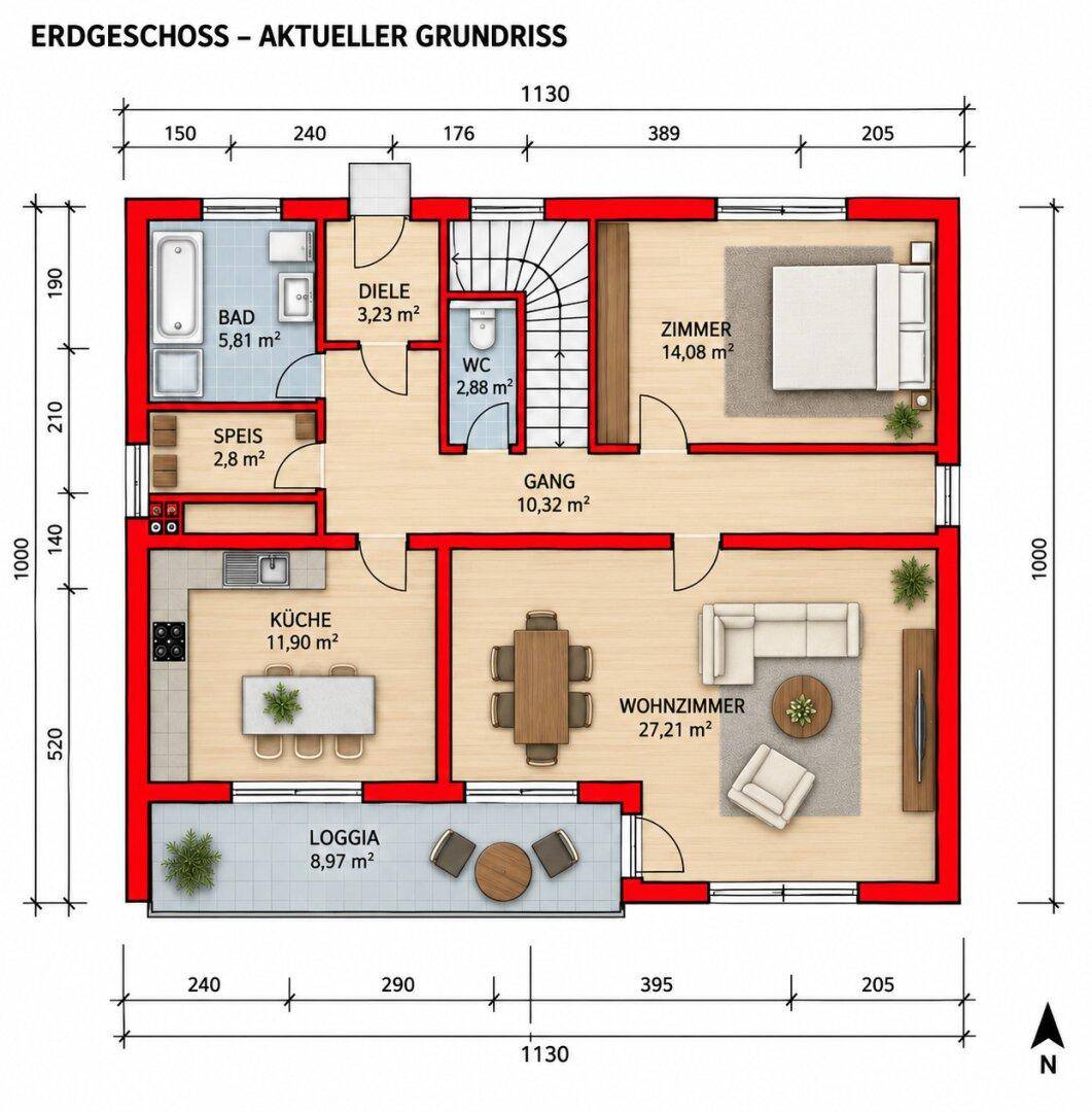 Grundriss des Erdgeschosses mit Wohnzimmer, Küche, Schlafzimmer, Bad und Loggia.
