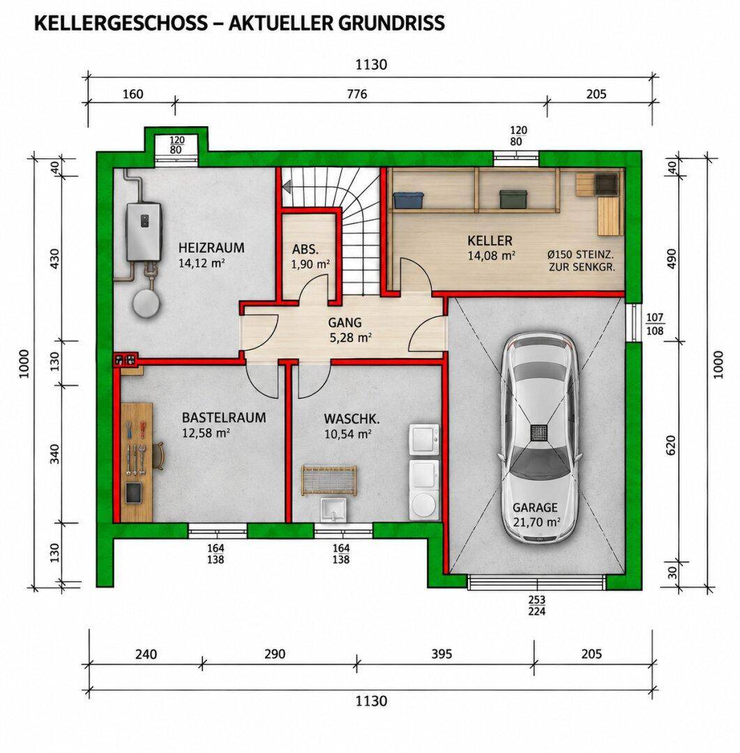 Grundriss des Kellergeschosses mit Heizraum, Bastelraum, Waschküche, Keller und Garage.