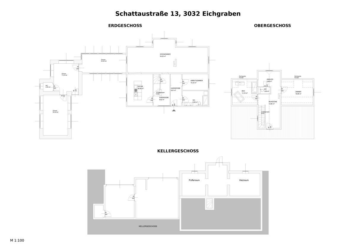 Grundrisspläne für Erdgeschoss, Obergeschoss und Kellergeschoss eines Einfamilienhauses mit Balkon und offenem Wohnbereich.