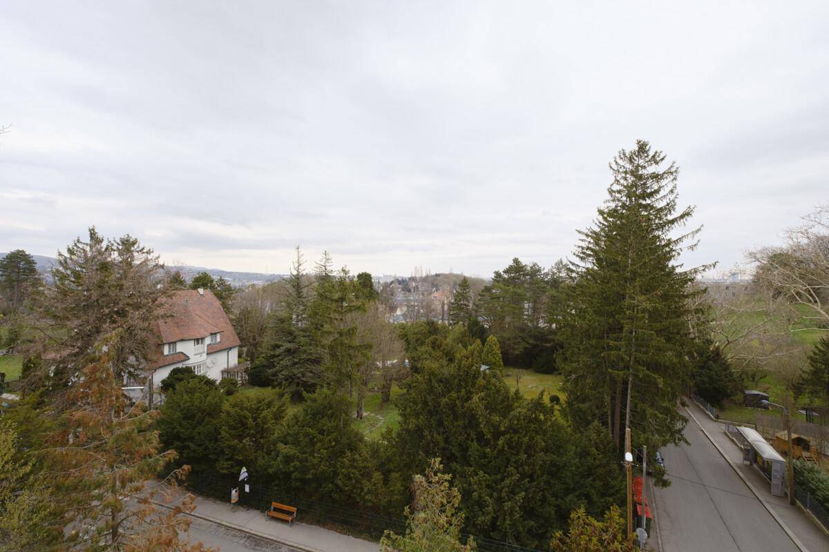 Weitläufiger Blick über eine grüne Wohngegend mit vielen Bäumen und Häusern unter bewölktem Himmel.