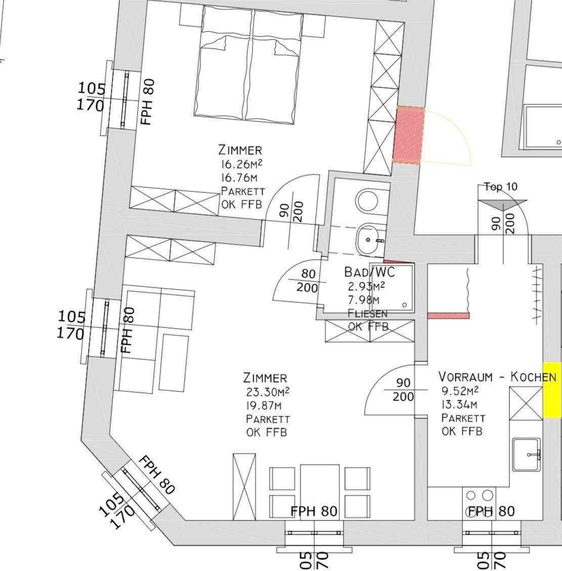 Grundriss einer Wohnung mit zwei Zimmern, Bad/WC und Vorraum/Küche.