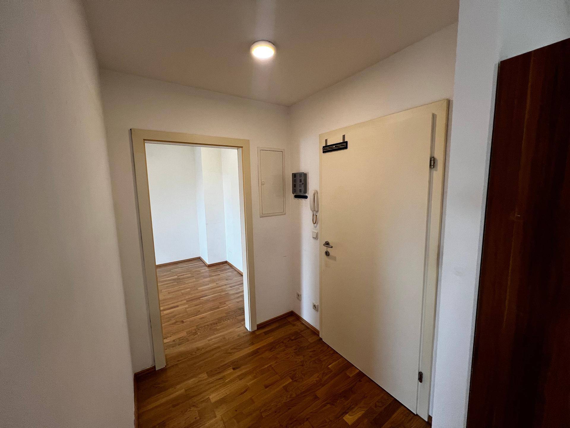 Heller Flur mit Holzboden und offener Tür, die den Zugang zu einem weiteren Zimmer ermöglicht.