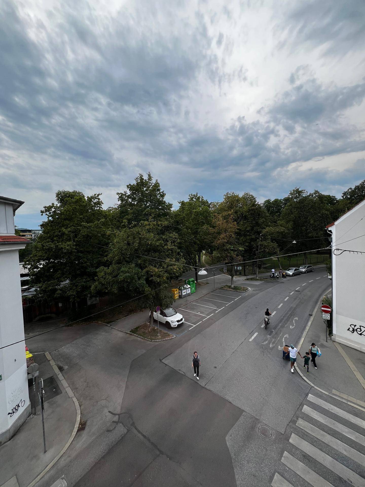 Blick von oben auf eine belebte Straße mit Bäumen und parkenden Autos.