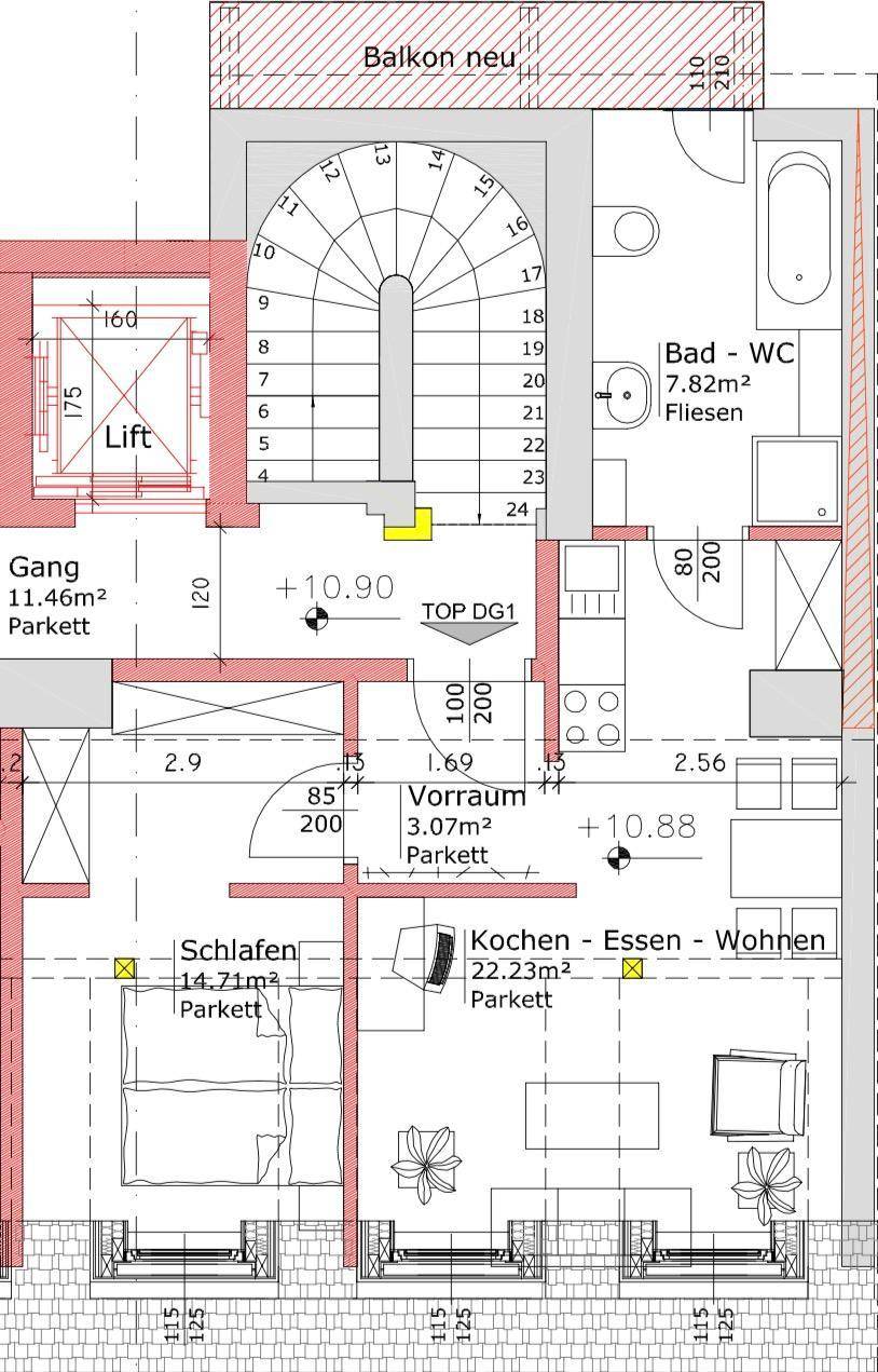 Grundriss des Dachgeschosses mit Wohn-, Ess- und Kochbereich sowie Schlafzimmer und Bad.