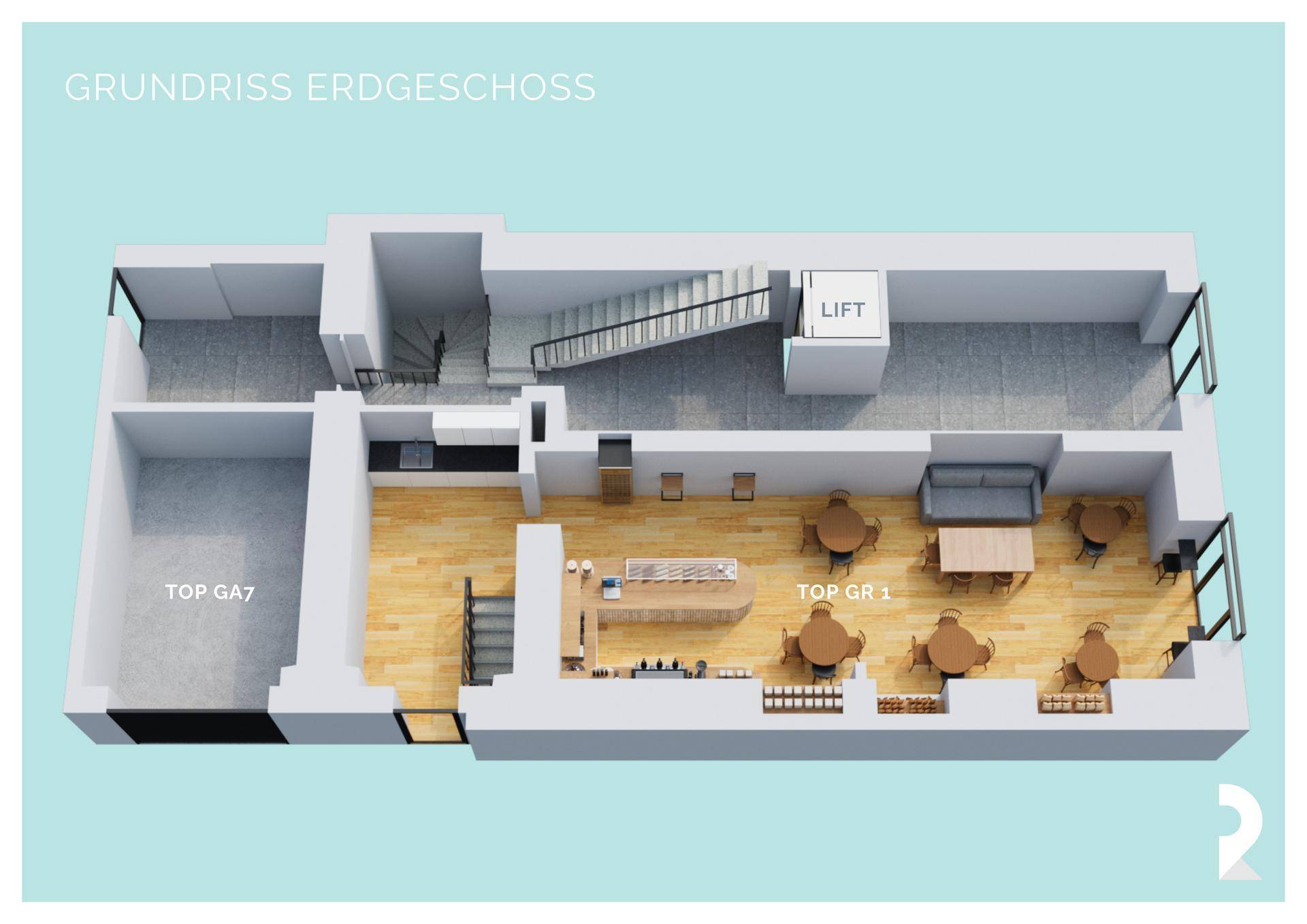 3D-Grundriss des Erdgeschosses mit Cafébereich, Treppenhaus und Aufzug, übersichtliche Raumaufteilung.