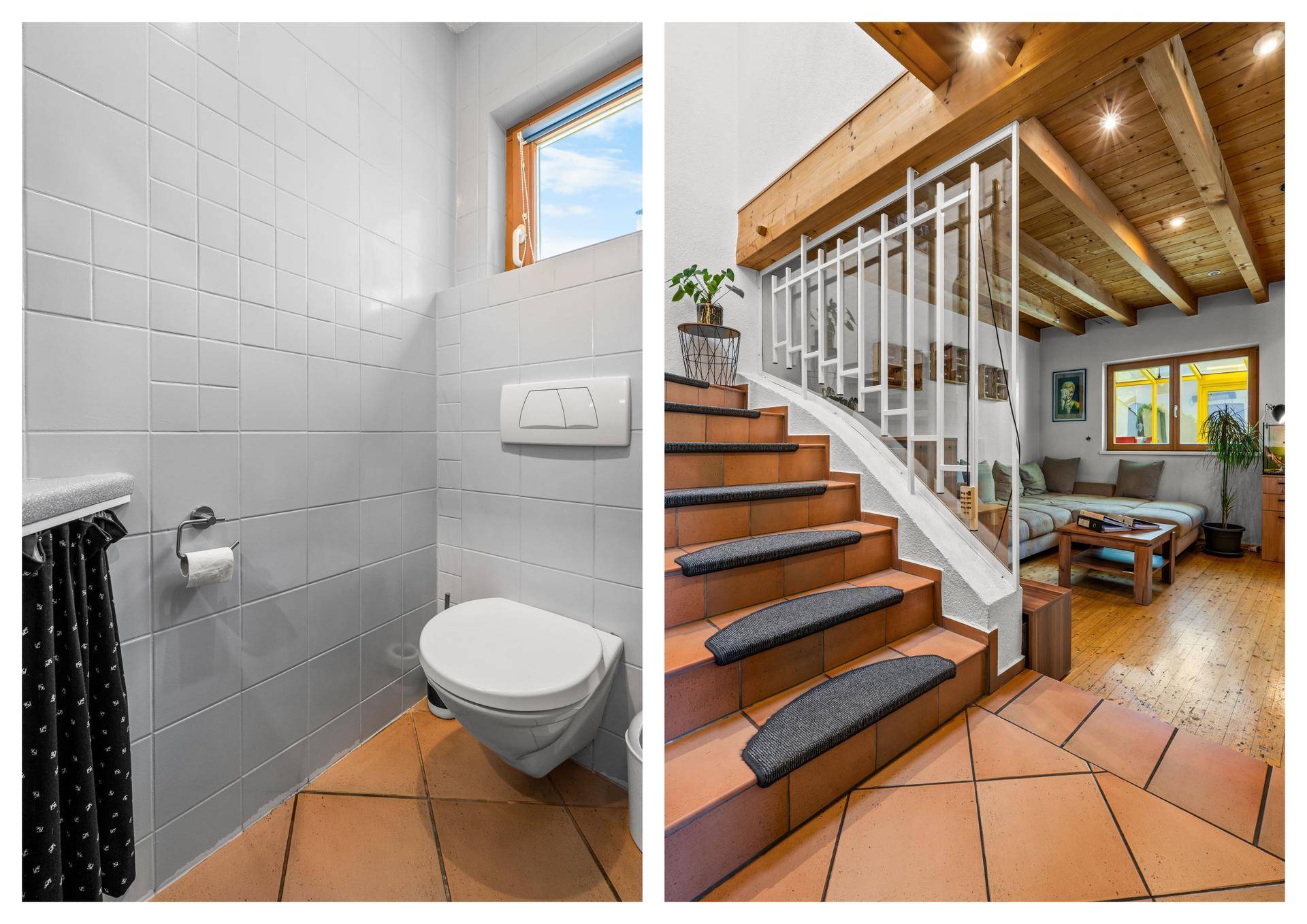 Collage aus Gäste-WC mit Wand-WC und Treppenaufgang zum Wohnbereich mit Holzbalken.
