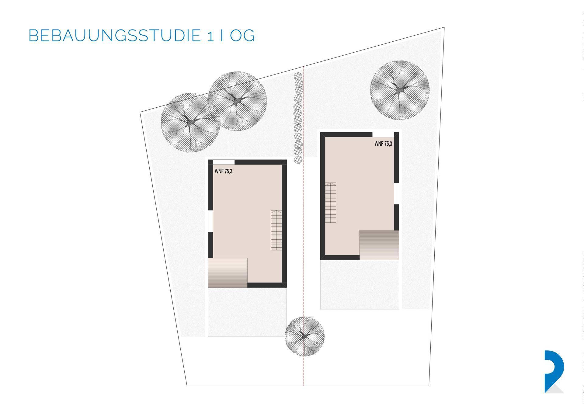 Grundrissstudie für das Obergeschoss eines Doppelhauses mit Balkonen und Treppenaufgang.